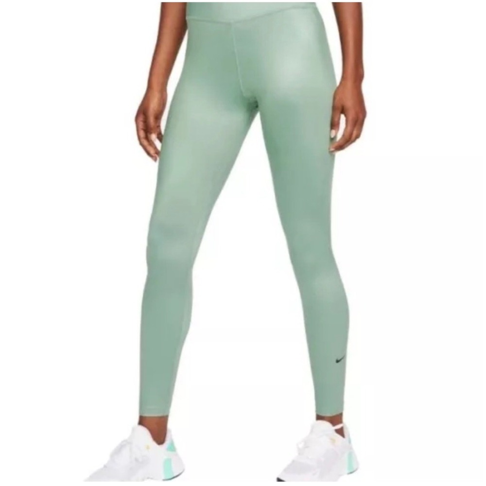 Nike One Womens Dri-FIT Mid-Rise Shimmer Leggings Sage Green DD5439-357 Small
